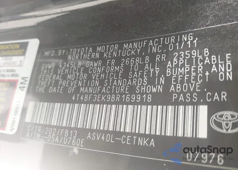 2011 Toyota Camry Le из США, поврежденный, VIN 4T4BF3EK9BR169918